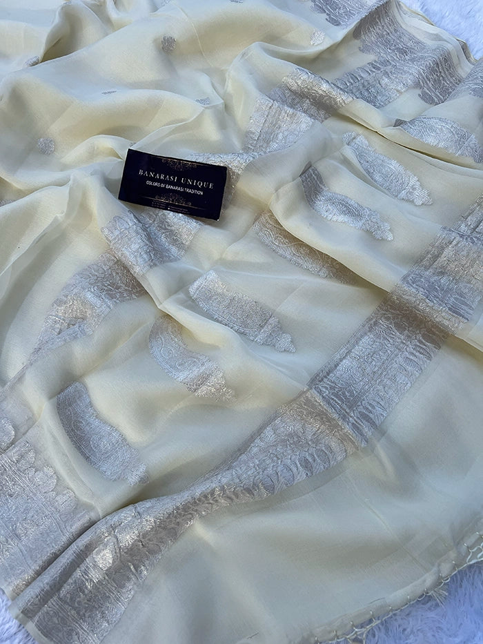 KHADDI CHIFFON SILVER ZARI KADHUWA SAREE - IVORY-WHITE