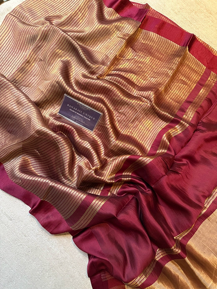 PURE TISSUE SILK STRIPES SAREE - WINE