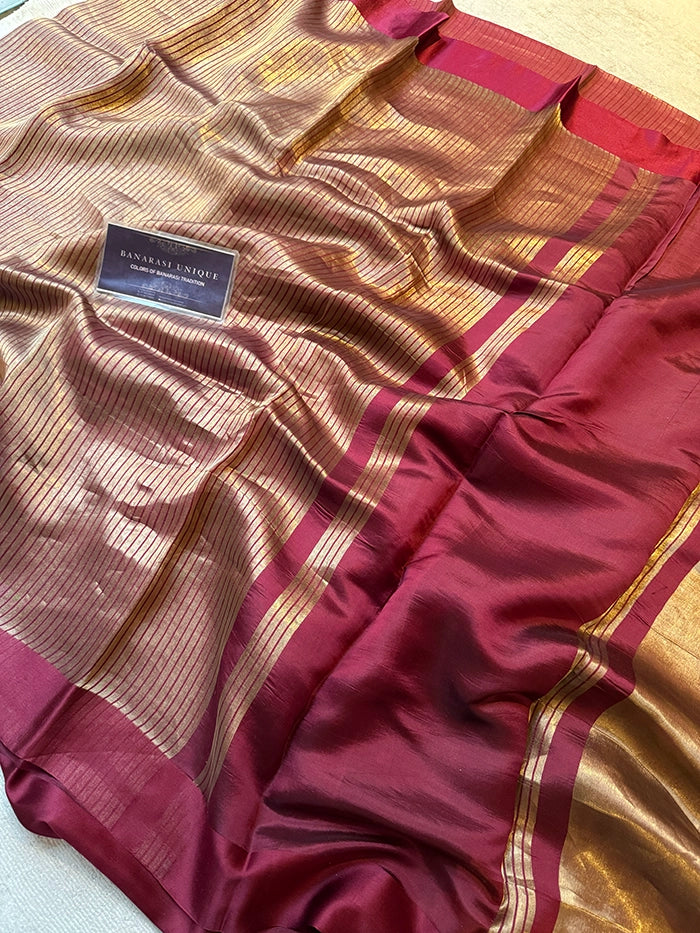 PURE TISSUE SILK STRIPES SAREE - WINE