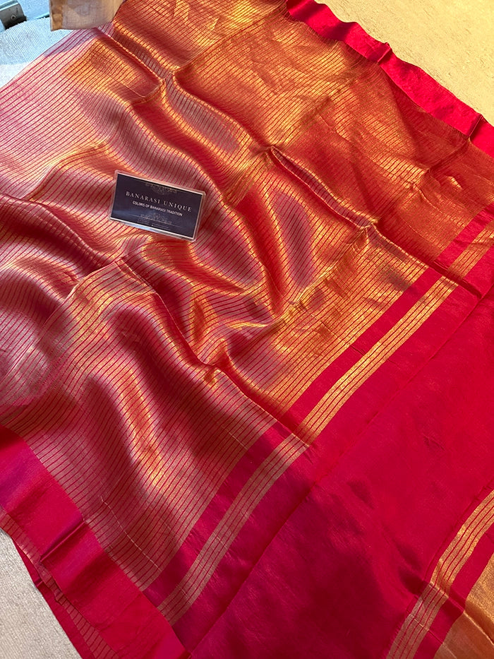 PURE TISSUE SILK STRIPES SAREE - DARK PINK
