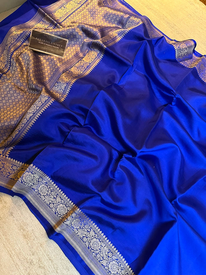 PURE KATAN SILK PLAIN ZARI BORDER SAREE - ROYAL BLUE
