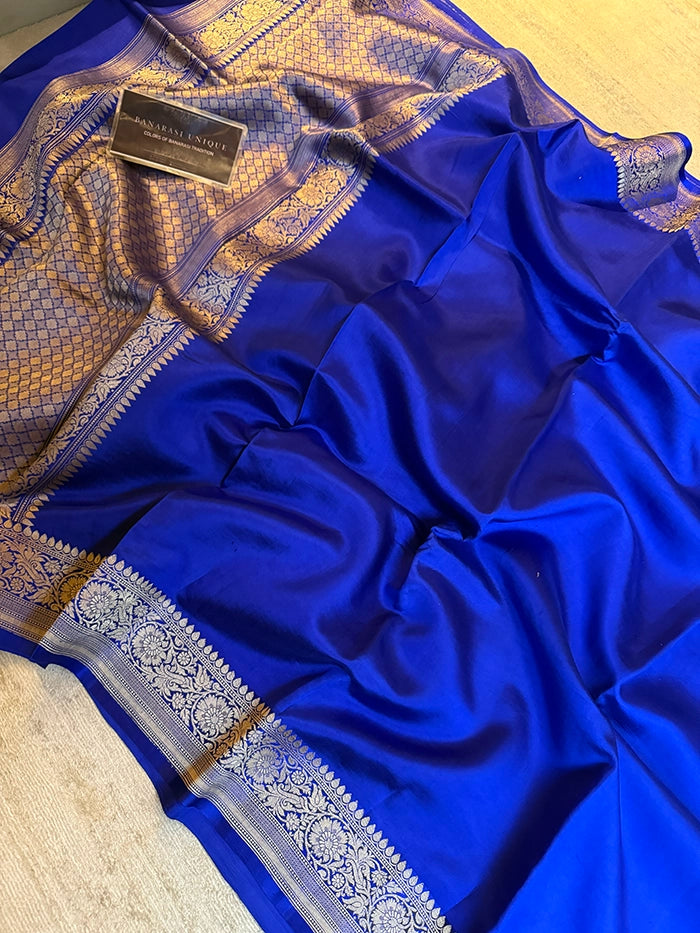 PURE KATAN SILK PLAIN ZARI BORDER SAREE - ROYAL BLUE