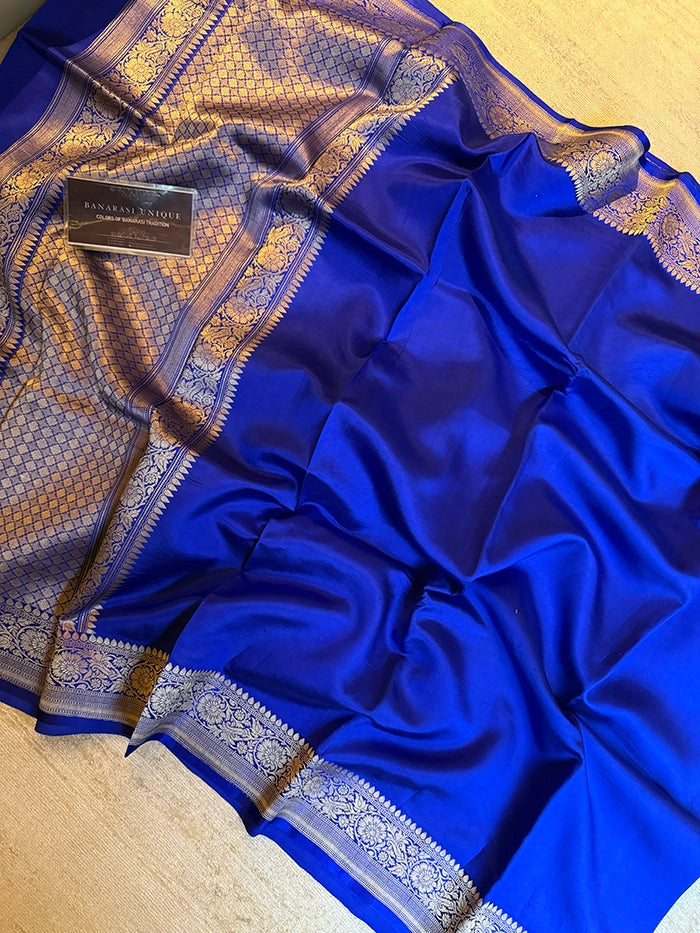 PURE KATAN SILK PLAIN ZARI BORDER SAREE - ROYAL BLUE