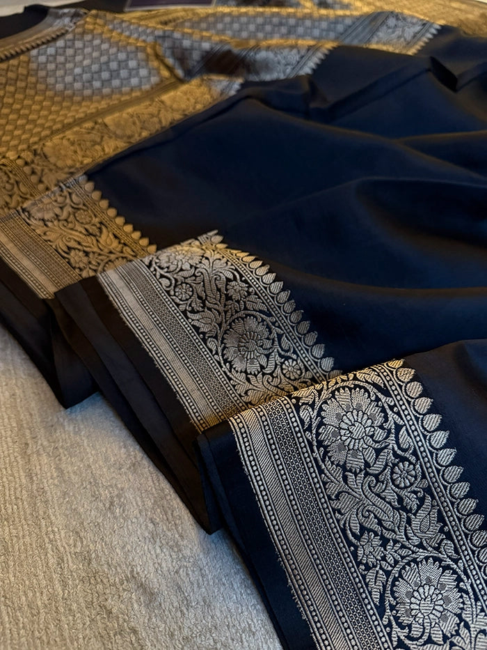 PURE KATAN SILK PLAIN ZARI BORDER SAREE - BLACK