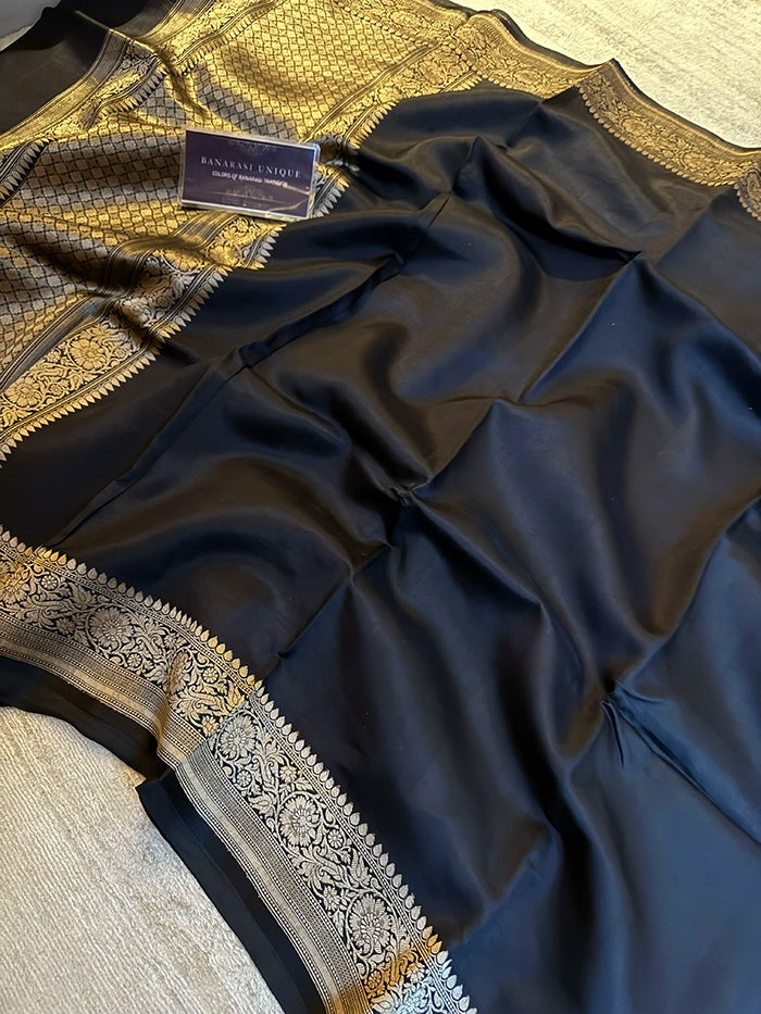 PURE KATAN SILK PLAIN ZARI BORDER SAREE - BLACK