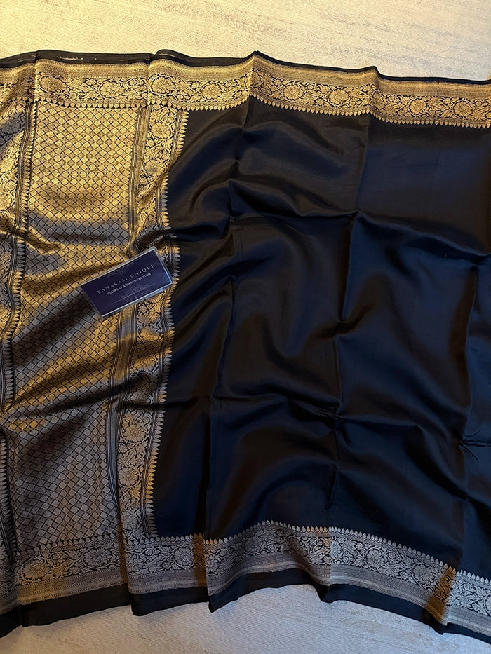 PURE KATAN SILK PLAIN ZARI BORDER SAREE - BLACK
