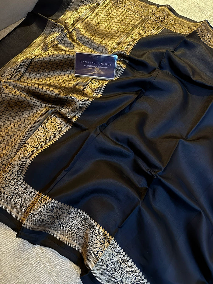 PURE KATAN SILK PLAIN ZARI BORDER SAREE - BLACK