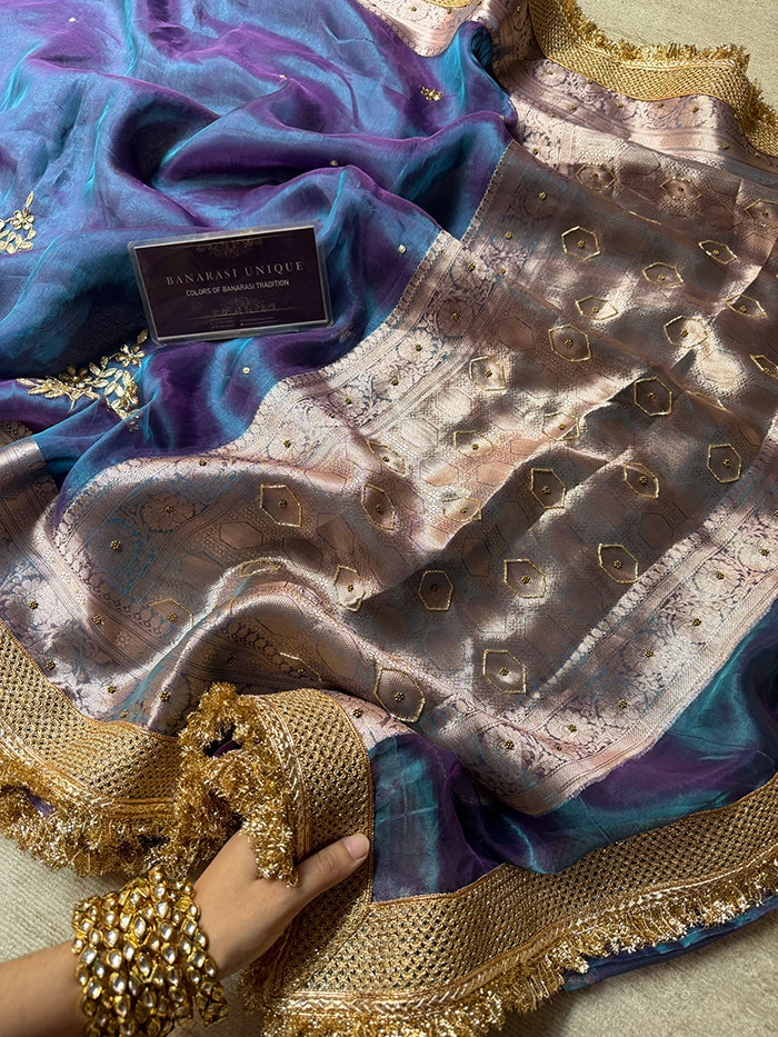 LEAF EFFECT PURE TISSUE - DHOOP CHAAV BLUE PURPLE
