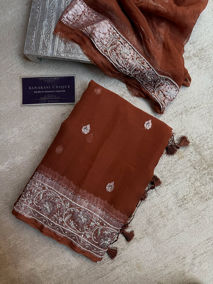 KHADDI CHIFFON ZARDOZI HAND EMBROIDERED SAREE - RUST BROWN