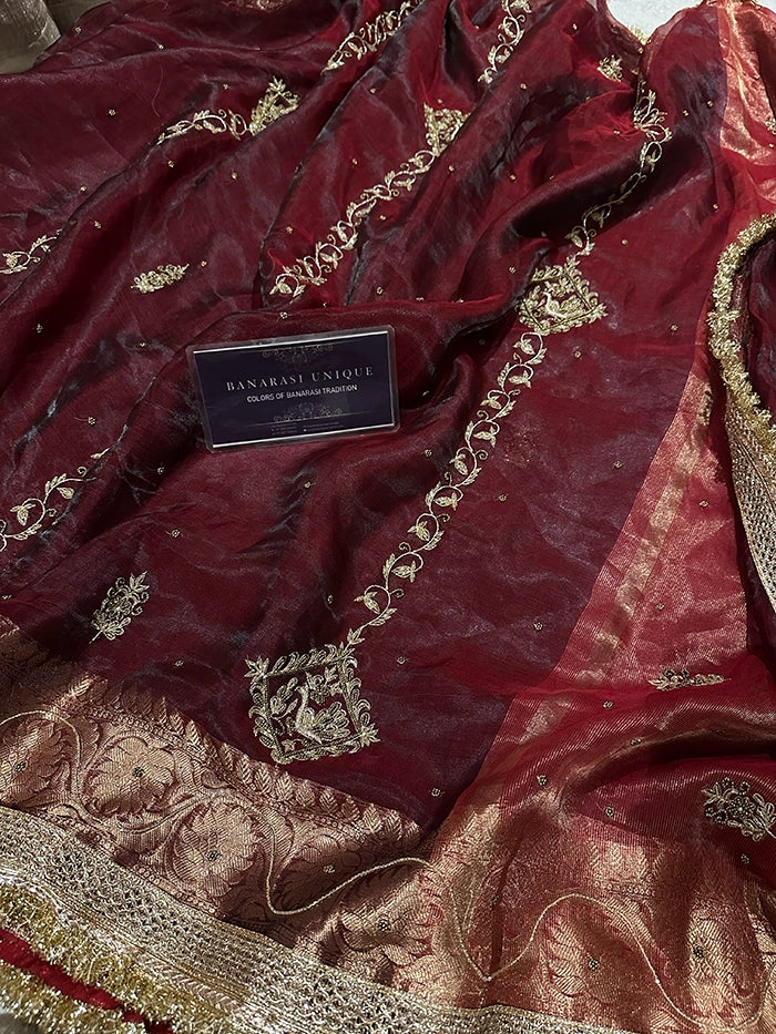VERTICAL FLORAL PURE TISSUE SAREE - DEEP WINE