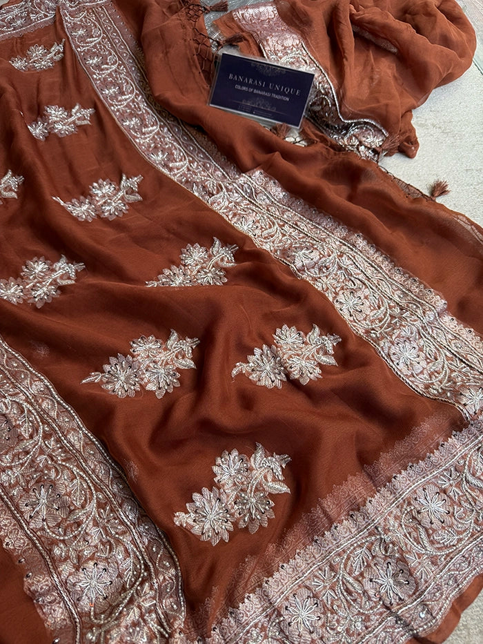 KHADDI CHIFFON ZARDOZI HAND EMBROIDERED SAREE - RUST BROWN