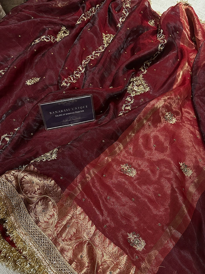 VERTICAL FLORAL PURE TISSUE SAREE - DEEP WINE