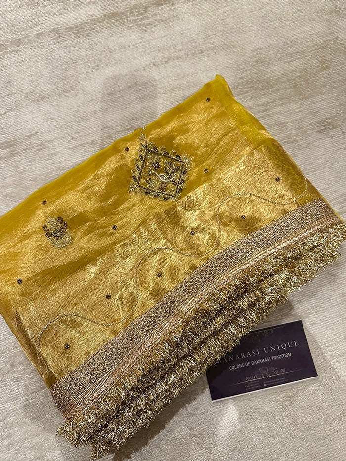 VERTICAL FLORAL PURE TISSUE SAREE - YELLOW