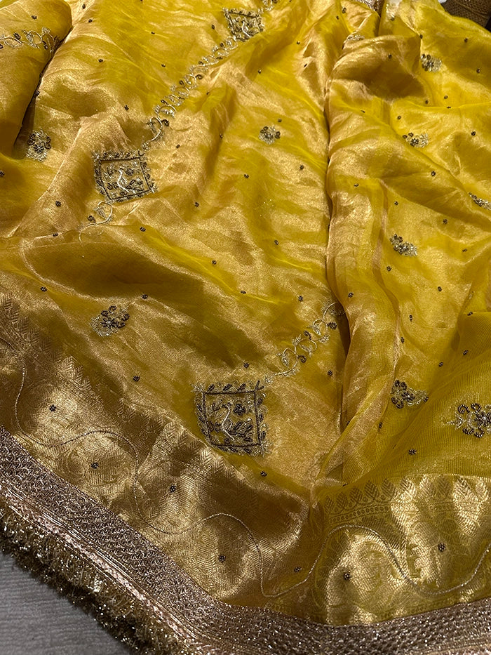 VERTICAL FLORAL PURE TISSUE SAREE - YELLOW