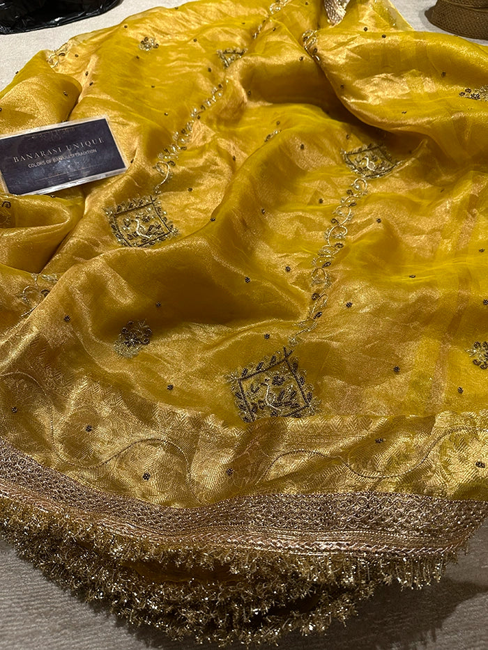 VERTICAL FLORAL PURE TISSUE SAREE - YELLOW