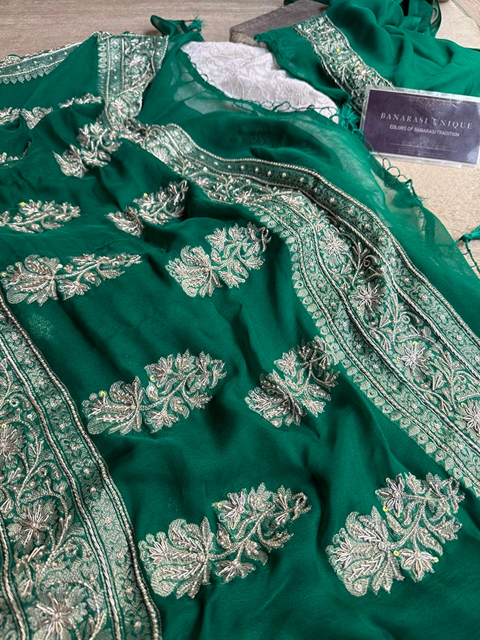 KHADDI CHIFFON ZARDOZI HAND EMBROIDERED SAREE - EMERALD GREEN