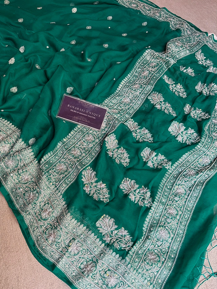 KHADDI CHIFFON ZARDOZI HAND EMBROIDERED SAREE - EMERALD GREEN
