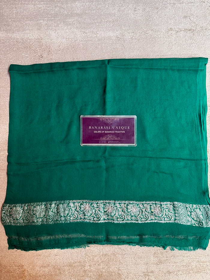 KHADDI CHIFFON ZARDOZI HAND EMBROIDERED SAREE - EMERALD GREEN
