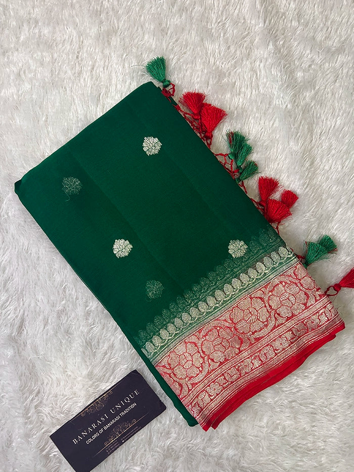 KHADDI CHIFFON SILVER ZARI KADHUWA SAREE - CONTRAST BORDER RED WITH BOTTLE GREEN