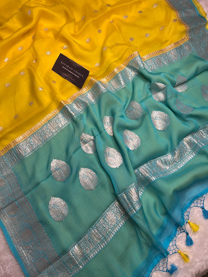 KHADDI CHIFFON SILVER ZARI KADHUWA SAREE - CONTRAST BORDER YELLOW WITH SEA BLUE