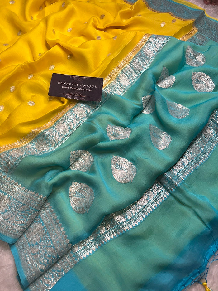 KHADDI CHIFFON SILVER ZARI KADHUWA SAREE - CONTRAST BORDER YELLOW WITH SEA BLUE