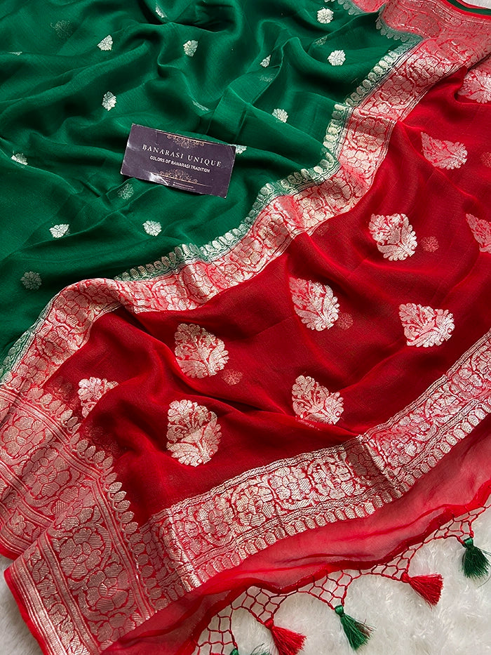 KHADDI CHIFFON SILVER ZARI KADHUWA SAREE - CONTRAST BORDER RED WITH BOTTLE GREEN