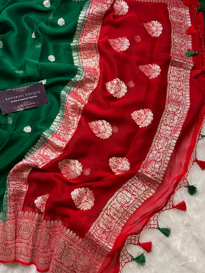 KHADDI CHIFFON SILVER ZARI KADHUWA SAREE - CONTRAST BORDER RED WITH BOTTLE GREEN