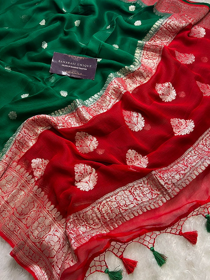 KHADDI CHIFFON SILVER ZARI KADHUWA SAREE - CONTRAST BORDER RED WITH BOTTLE GREEN