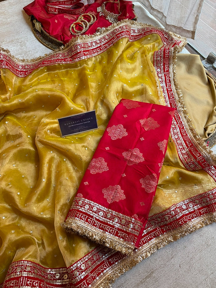 SAUBHAGYAWATI HAND EMBROIDERED TISSUE SAREE - MUSTARD YELLOW RED BORDER