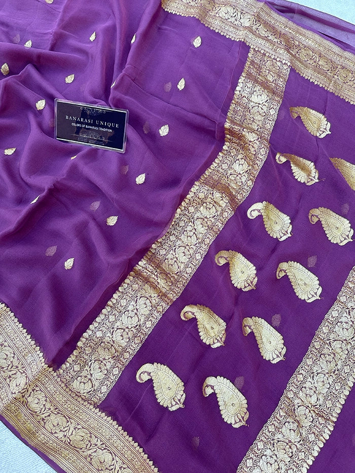 KHADDI CHIFFON GOLD ZARI KADHUWA SAREE - MAUVE