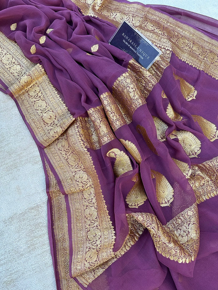 KHADDI CHIFFON GOLD ZARI KADHUWA SAREE - MAUVE