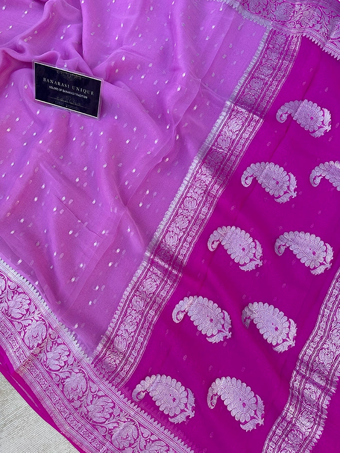 KHADDI CHIFFON HAZARA BUTI SAREE - CONTRAST BORDER PINK WITH LAVENDER