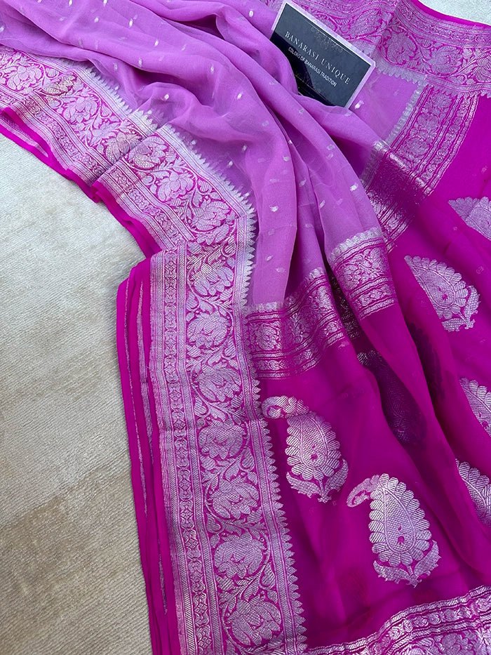 KHADDI CHIFFON HAZARA BUTI SAREE - CONTRAST BORDER PINK WITH LAVENDER