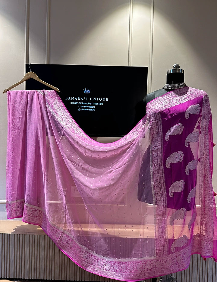 KHADDI CHIFFON HAZARA BUTI SAREE - CONTRAST BORDER PINK WITH LAVENDER