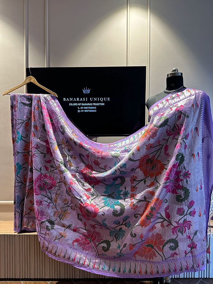 TUSSAR GEORGETTE JANGLA JAAL MEENAKARI SAREE - LAVENDER