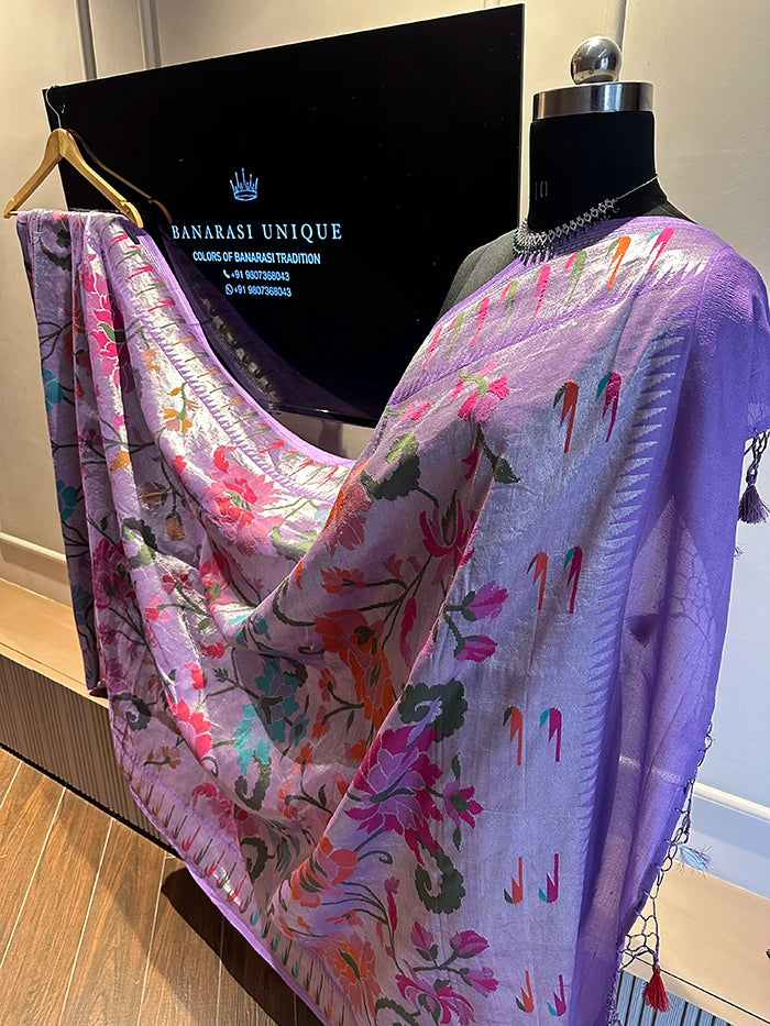 TUSSAR GEORGETTE JANGLA JAAL MEENAKARI SAREE - LAVENDER