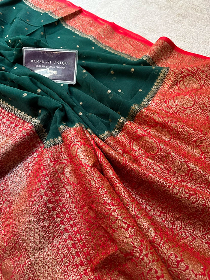 KHADDI GEORGETTE SKIRT BORDER CIRCLE BUTI ANTIQUE ZARI SAREE - BOTTLE GREEN WITH RED