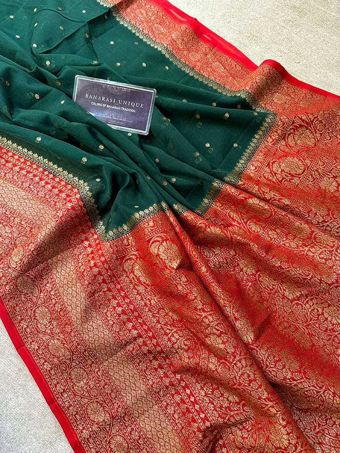 KHADDI GEORGETTE SKIRT BORDER CIRCLE BUTI ANTIQUE ZARI SAREE - BOTTLE GREEN WITH RED