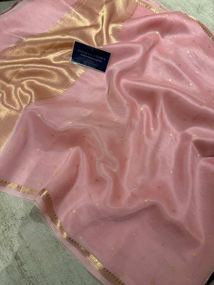 PURE KADHUA ORGANZA SITARA BUTI SAREE - BABY PINK