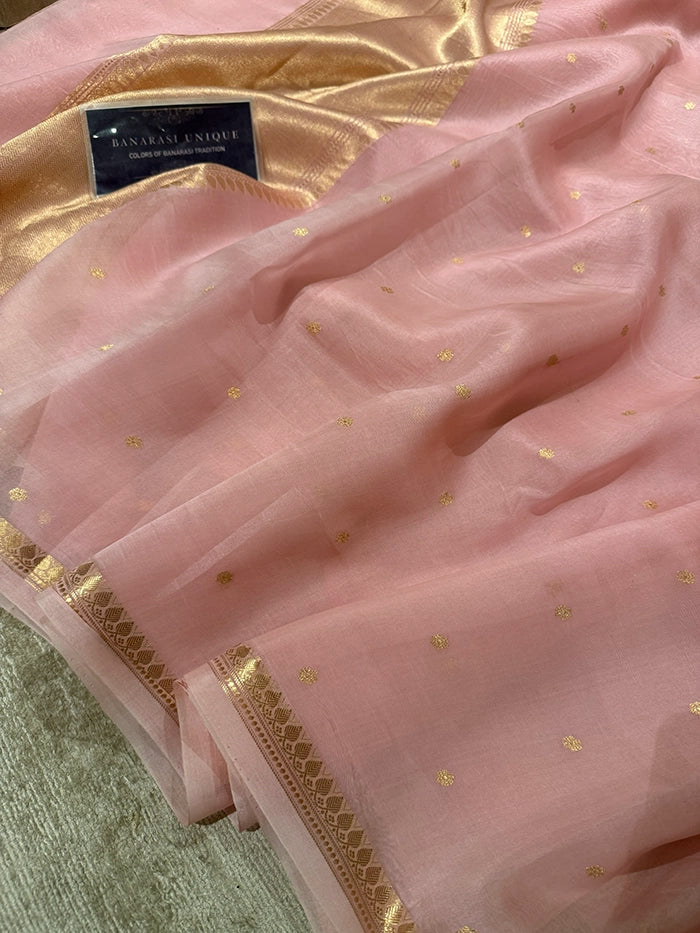 PURE KADHUA ORGANZA SITARA BUTI SAREE - BABY PINK