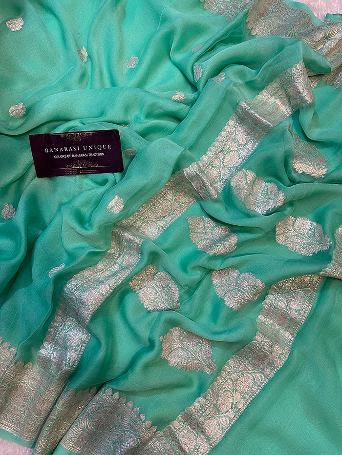 KHADDI CHIFFON SILVER ZARI KADHUWA SAREE - SEA GREEN