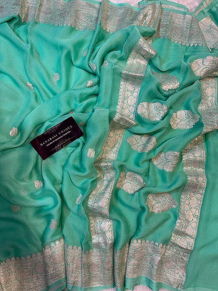 KHADDI CHIFFON SILVER ZARI KADHUWA SAREE - SEA GREEN