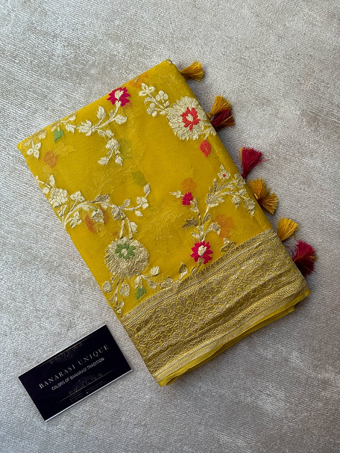 KHADDI GEORGETTE MEENAKARI WATER ZARI SAREE - YELLOW