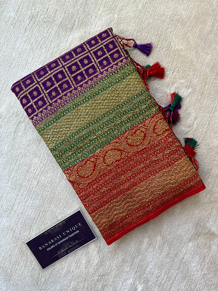 KHADDI GEORGETTE MULTICOLOUR 3D SAREE - NAVY BLUE WITH GREEN AND RED