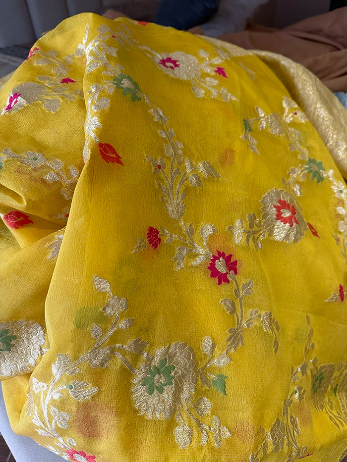 KHADDI GEORGETTE MEENAKARI WATER ZARI SAREE - YELLOW