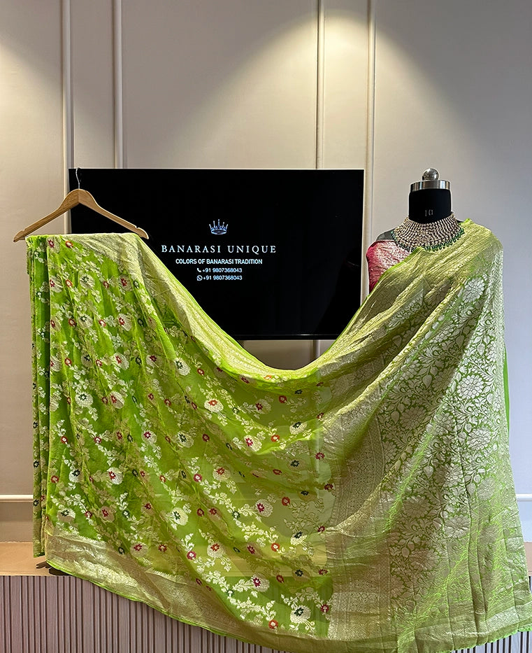 KHADDI GEORGETTE MEENAKARI WATER ZARI SAREE - NEON GREEN