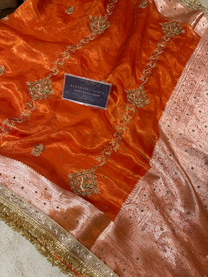 VERTICAL FLORAL PURE TISSUE SAREE - ORANGE