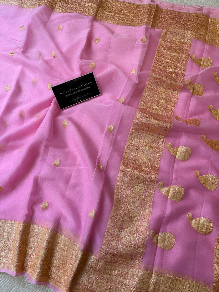 KHADDI CHIFFON GOLD ZARI KADHUWA SAREE - BABY PINK