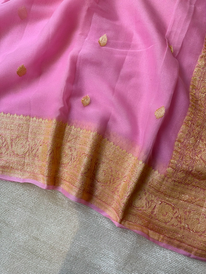 KHADDI CHIFFON GOLD ZARI KADHUWA SAREE - BABY PINK