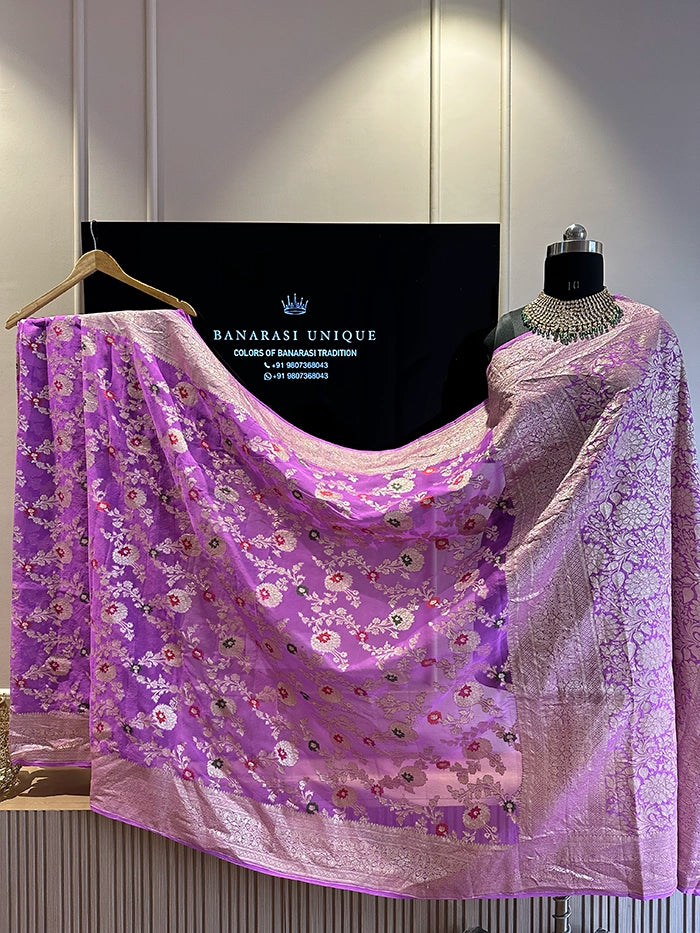 KHADDI GEORGETTE MEENAKARI WATER ZARI SAREE - LAVENDER